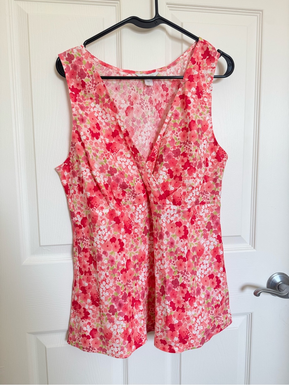 Garnet Hill 100% Linen Pink Floral Sleeveless Women’s V Neck Top Size 16